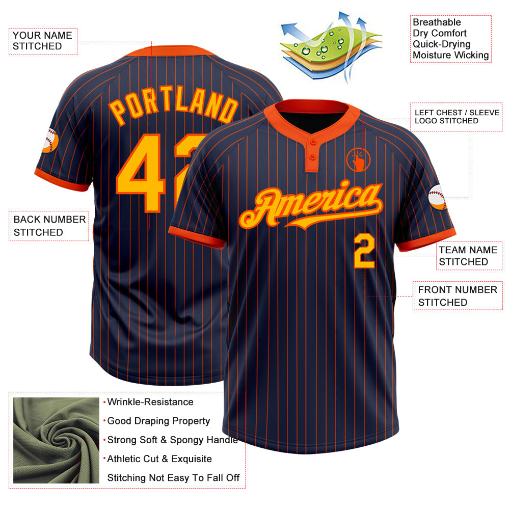 Custom Navy Orange Pinstripe Gold Two-Button Unisex Softball Jersey view 3
