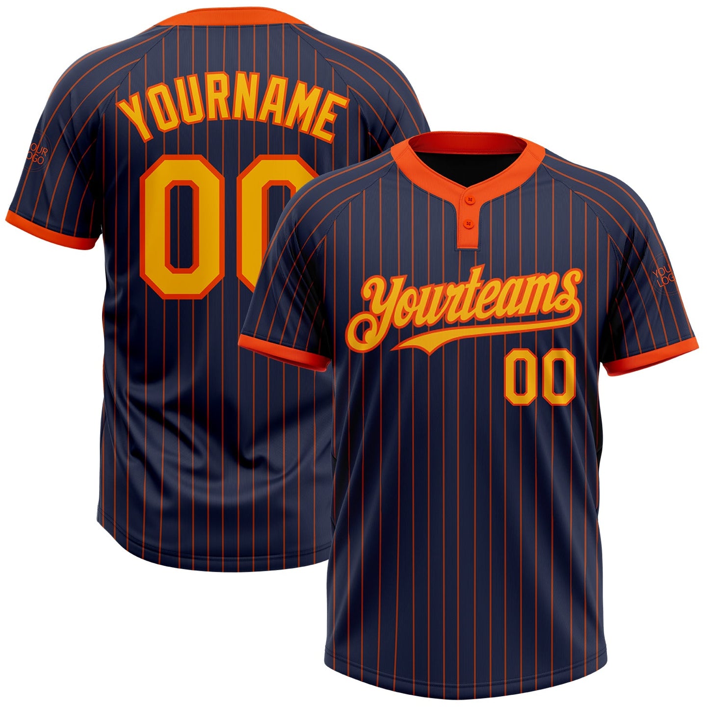 Custom Navy Orange Pinstripe Gold Two-Button Unisex Softball Jersey - Main View