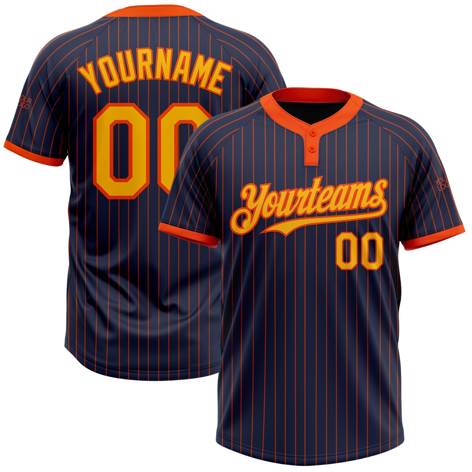 Custom Navy Orange Pinstripe Gold Two-Button Unisex Softball Jersey - Main View