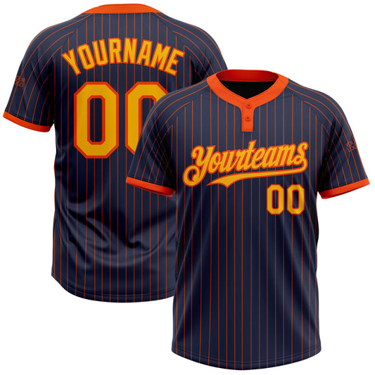 Custom Navy Orange Pinstripe Gold Two-Button Unisex Softball Jersey - Main View