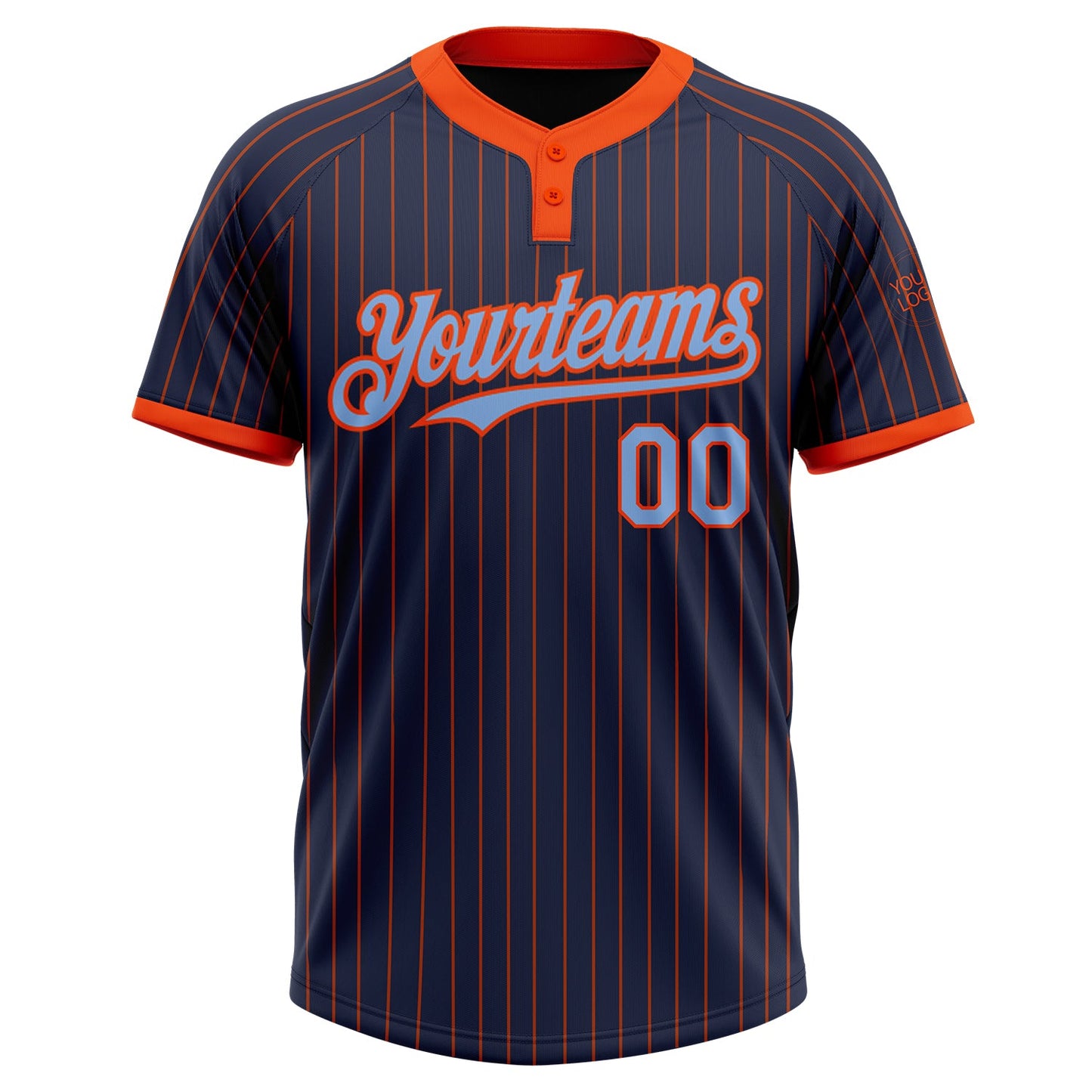 Custom Navy Orange Pinstripe Light Blue Two-Button Unisex Softball Jersey view 2