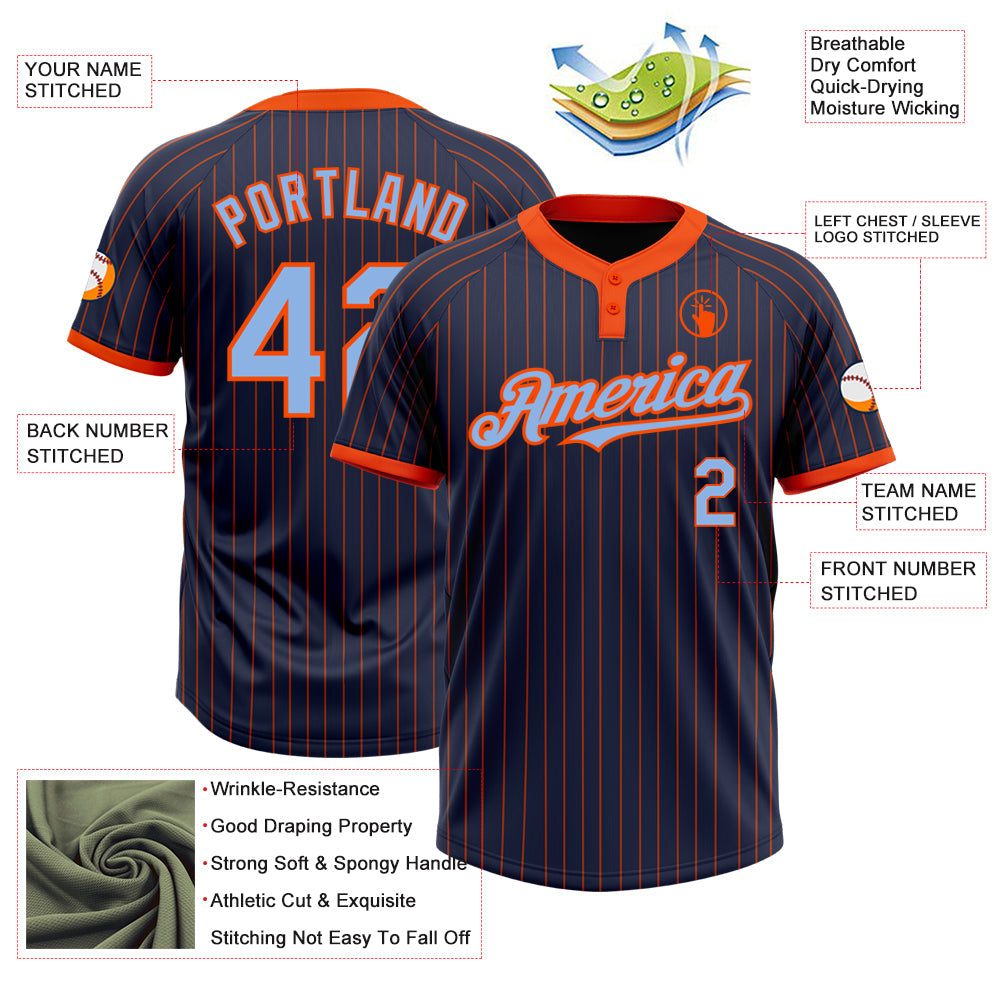 Custom Navy Orange Pinstripe Light Blue Two-Button Unisex Softball Jersey view 3
