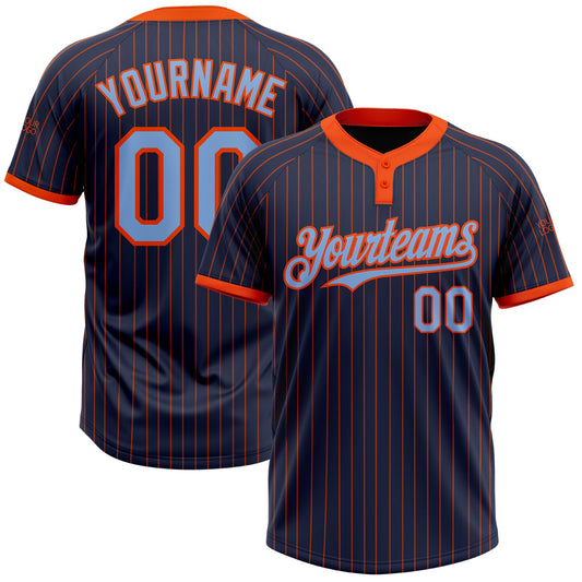Custom Navy Orange Pinstripe Light Blue Two-Button Unisex Softball Jersey - Main View