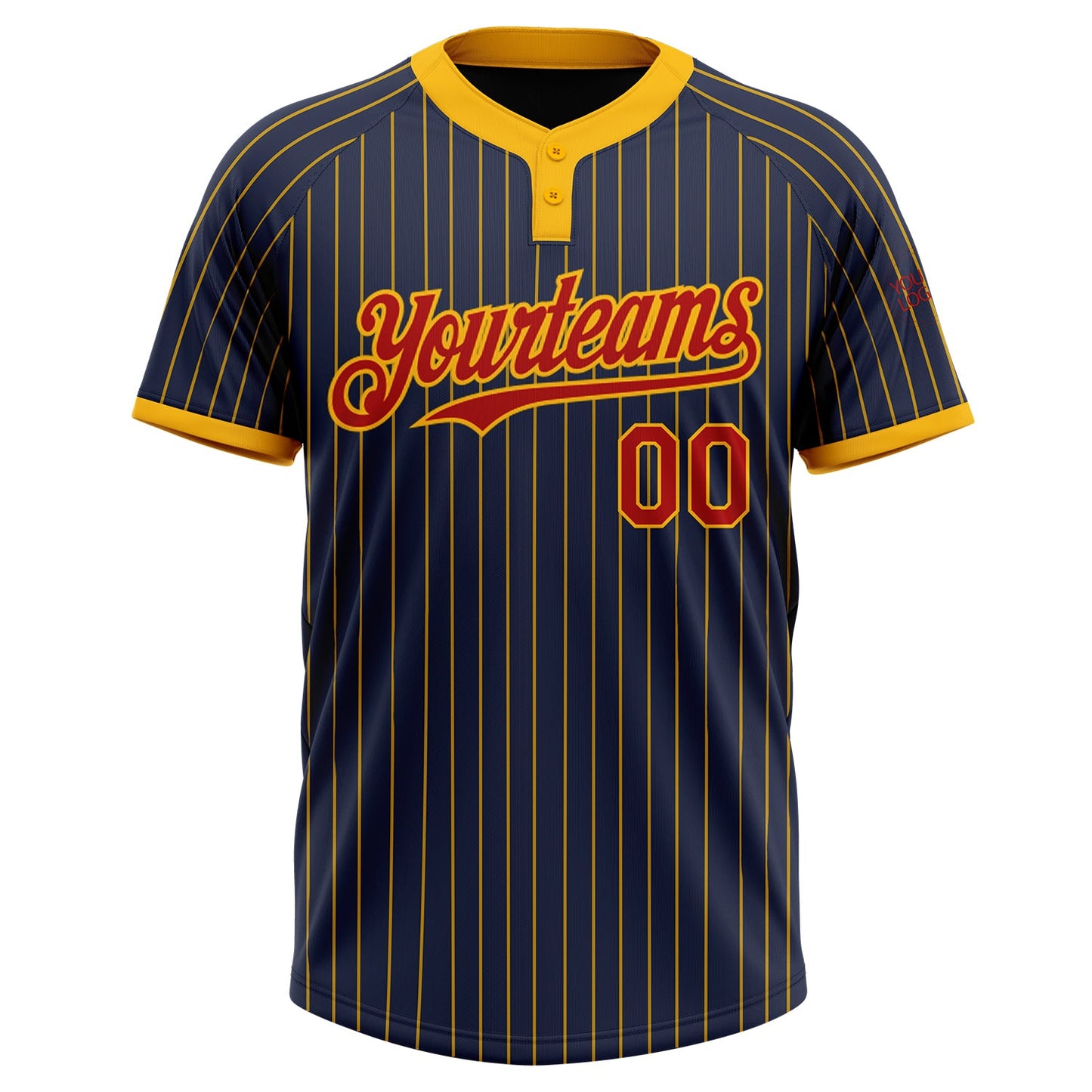 Custom Navy Gold Pinstripe Red Two-Button Unisex Softball Jersey view 2