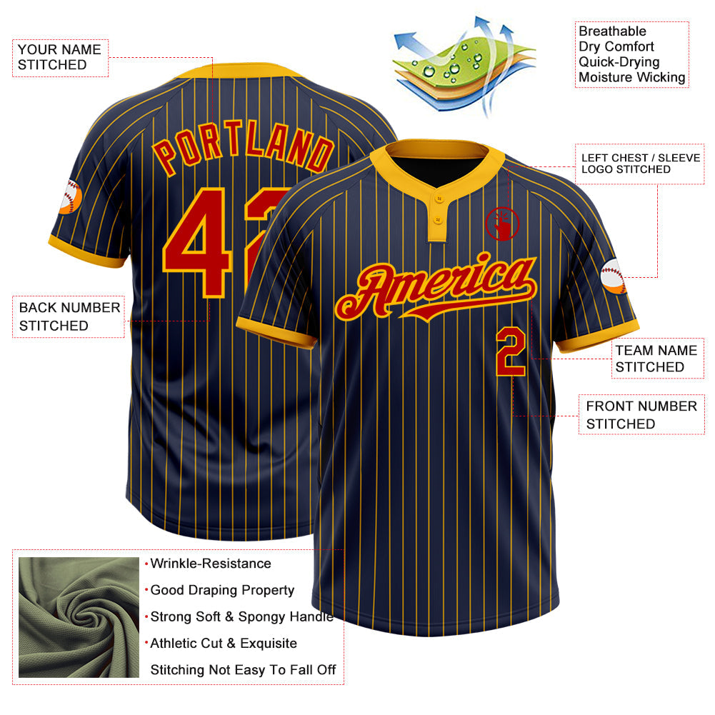 Custom Navy Gold Pinstripe Red Two-Button Unisex Softball Jersey view 3