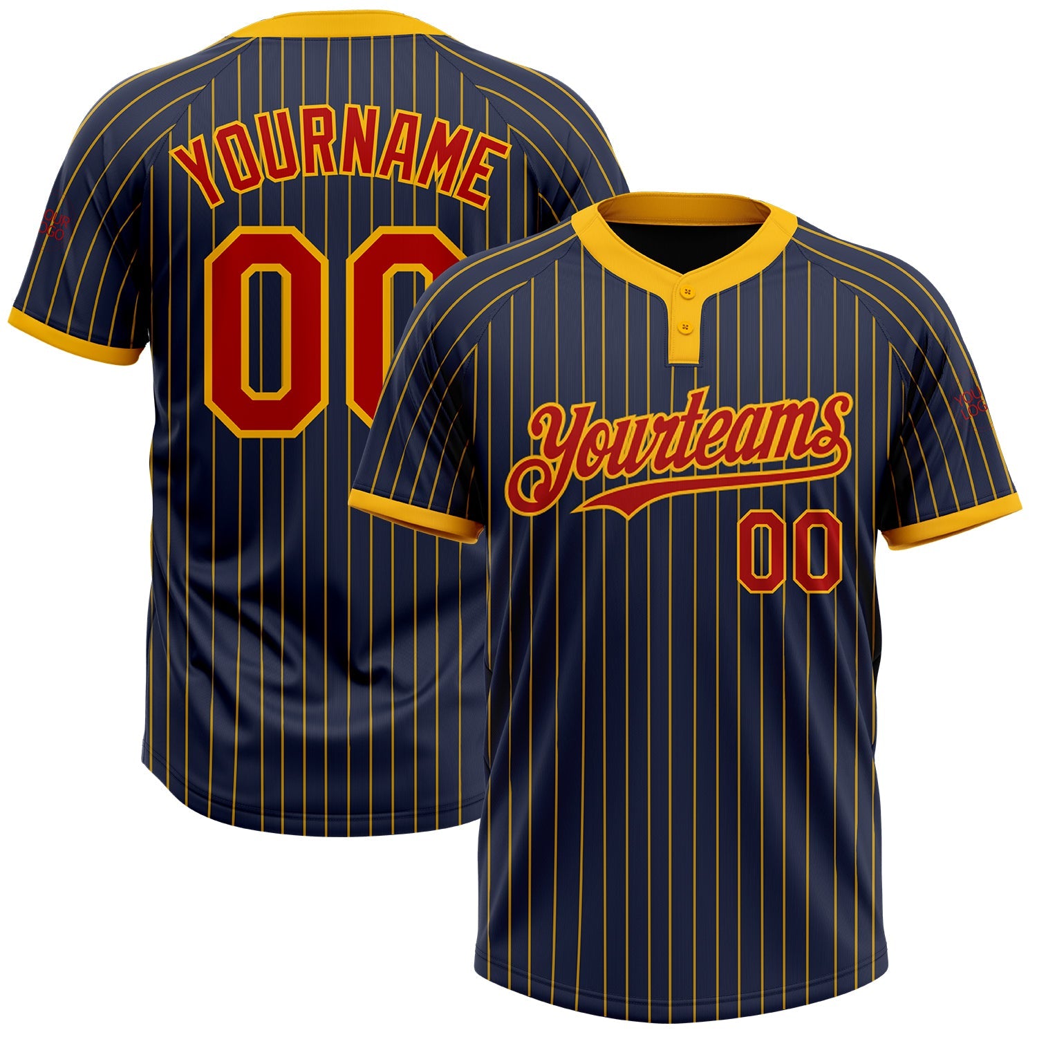 Custom Navy Gold Pinstripe Red Two-Button Unisex Softball Jersey - Main View