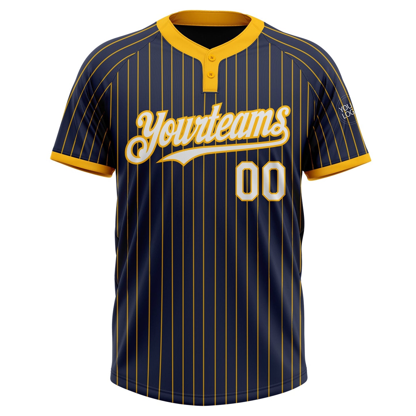 Custom Navy Gold Pinstripe White Two-Button Unisex Softball Jersey view 2