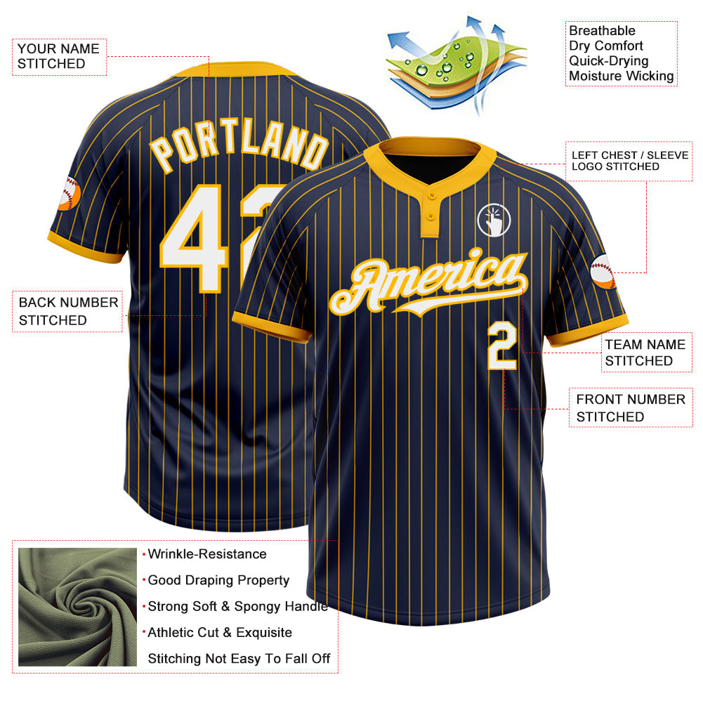 Custom Navy Gold Pinstripe White Two-Button Unisex Softball Jersey view 3