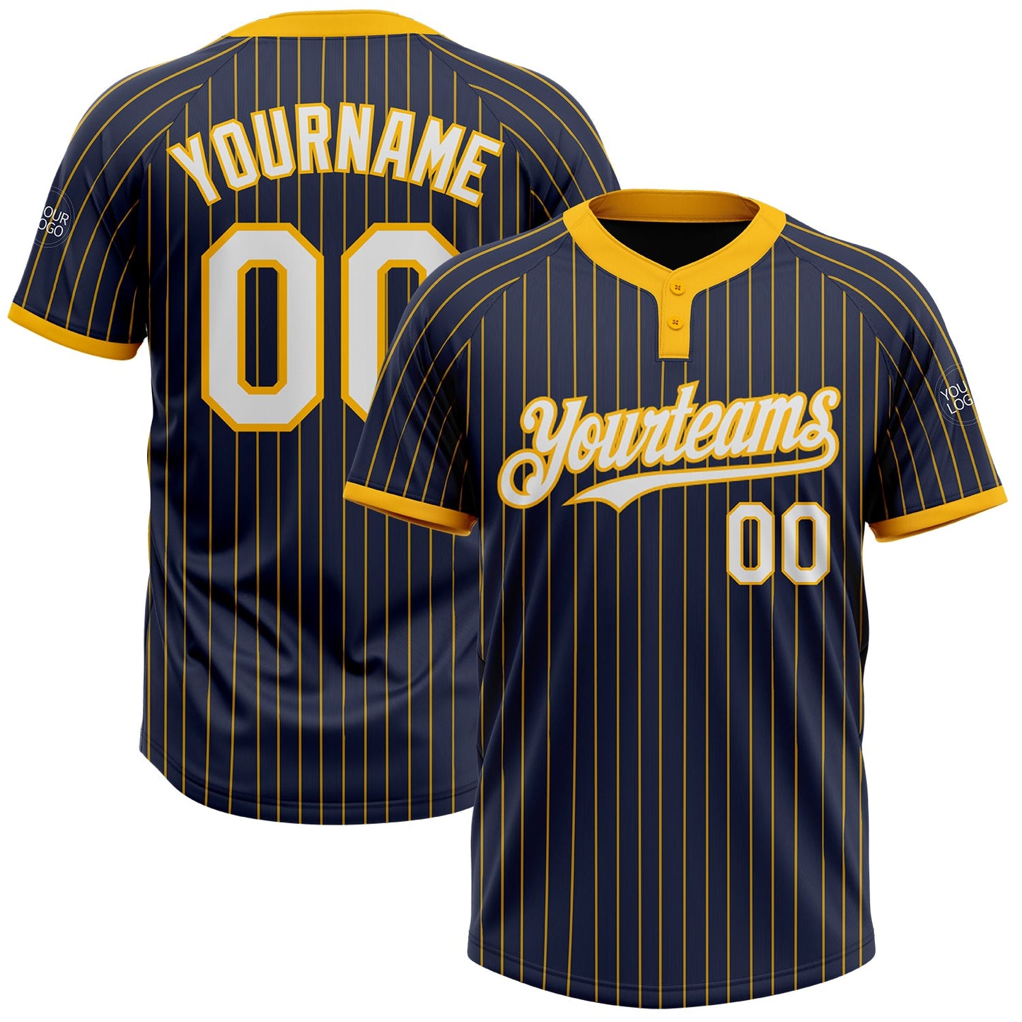 Custom Navy Gold Pinstripe White Two-Button Unisex Softball Jersey - Main View