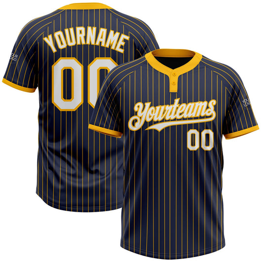 Custom Navy Gold Pinstripe White Two-Button Unisex Softball Jersey - Main View