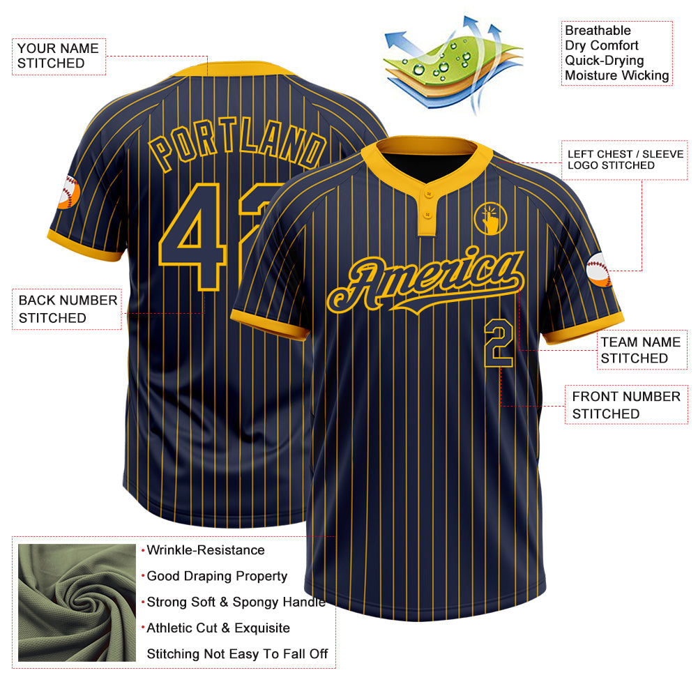 Custom Navy Gold Pinstripe Gold Two-Button Unisex Softball Jersey view 3