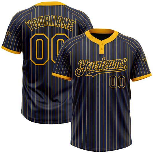 Custom Navy Gold Pinstripe Gold Two-Button Unisex Softball Jersey - Main View
