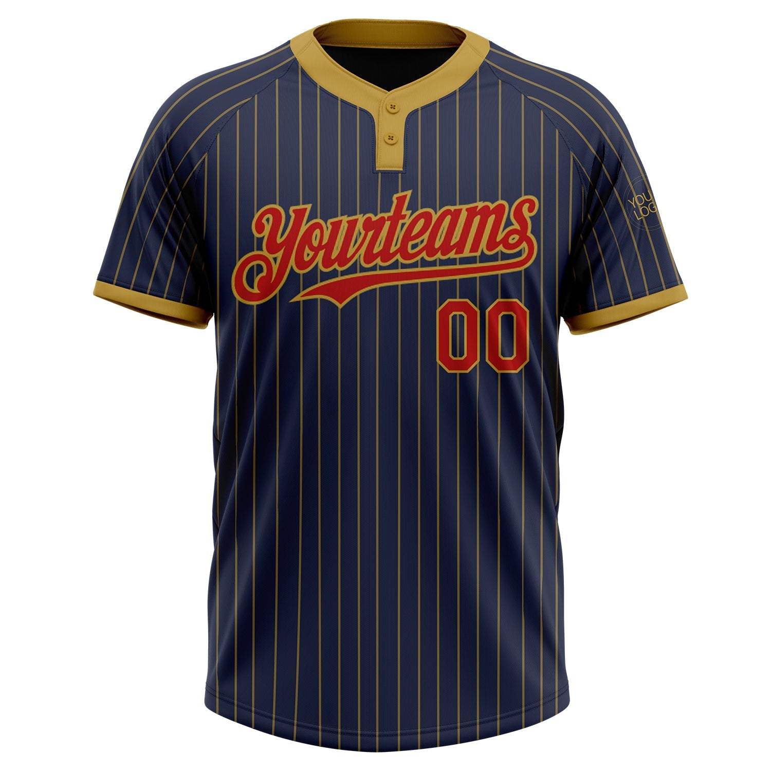 Custom Navy Old Gold Pinstripe Red Two-Button Unisex Softball Jersey view 2