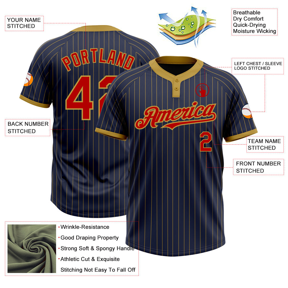 Custom Navy Old Gold Pinstripe Red Two-Button Unisex Softball Jersey view 3