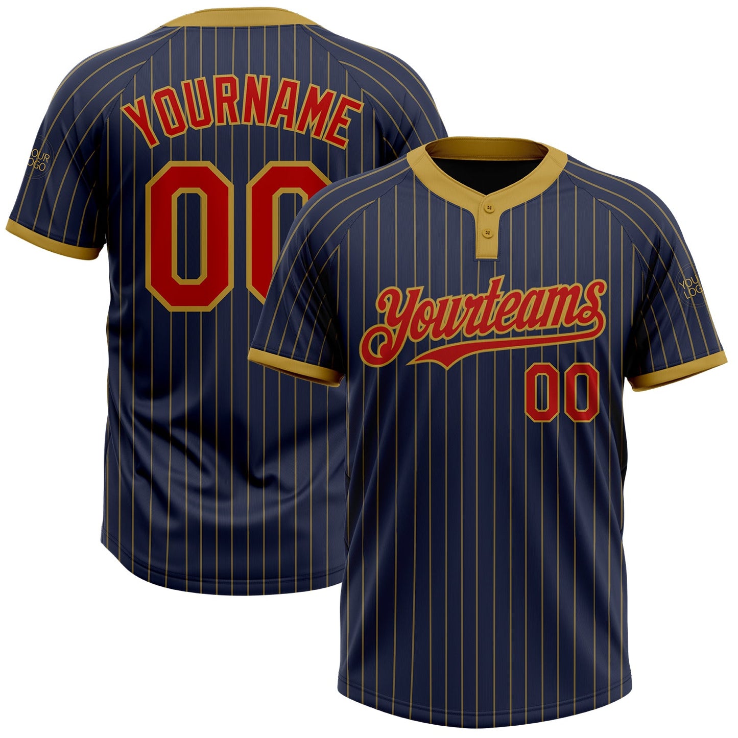 Custom Navy Old Gold Pinstripe Red Two-Button Unisex Softball Jersey - Main View