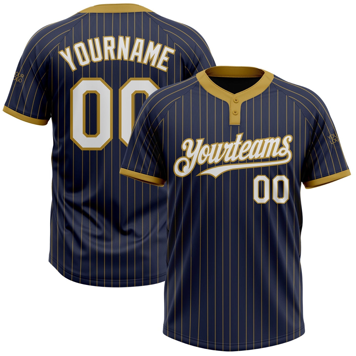 Custom Navy Old Gold Pinstripe White Two-Button Unisex Softball Jersey - Main View