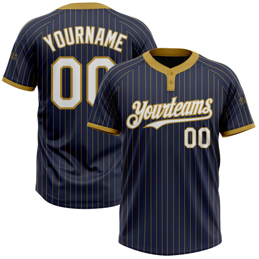 Custom Navy Old Gold Pinstripe White Two-Button Unisex Softball Jersey - Main View