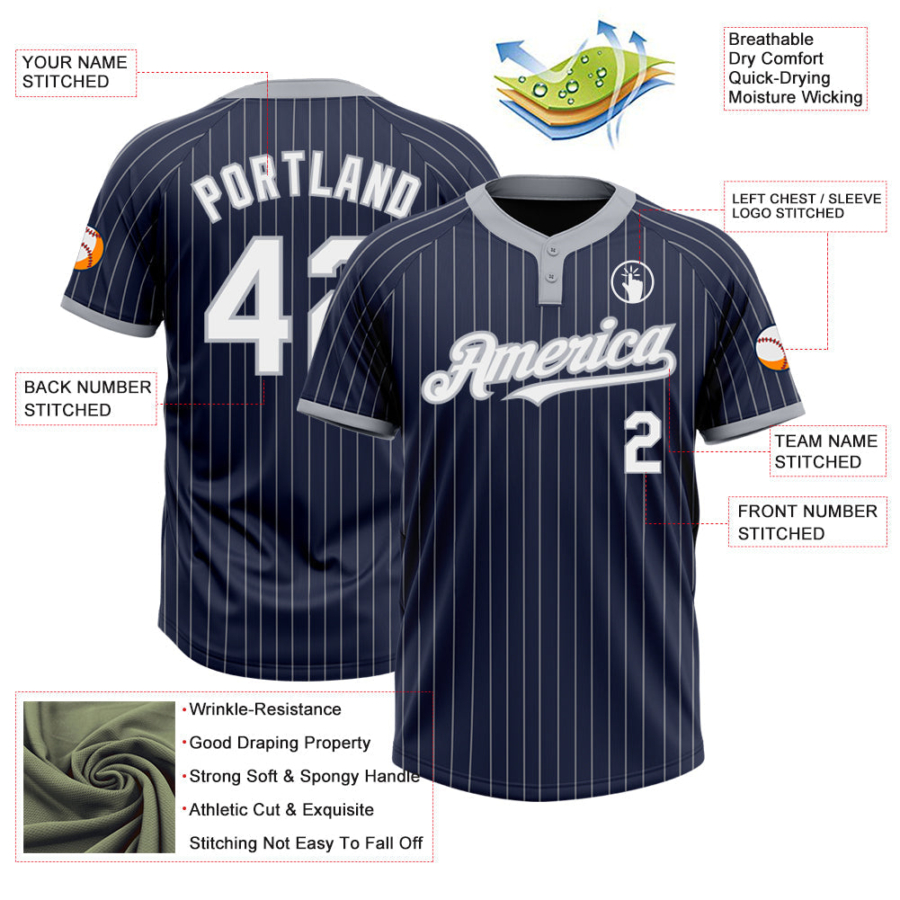 Custom Navy Gray Pinstripe White Two-Button Unisex Softball Jersey view 3