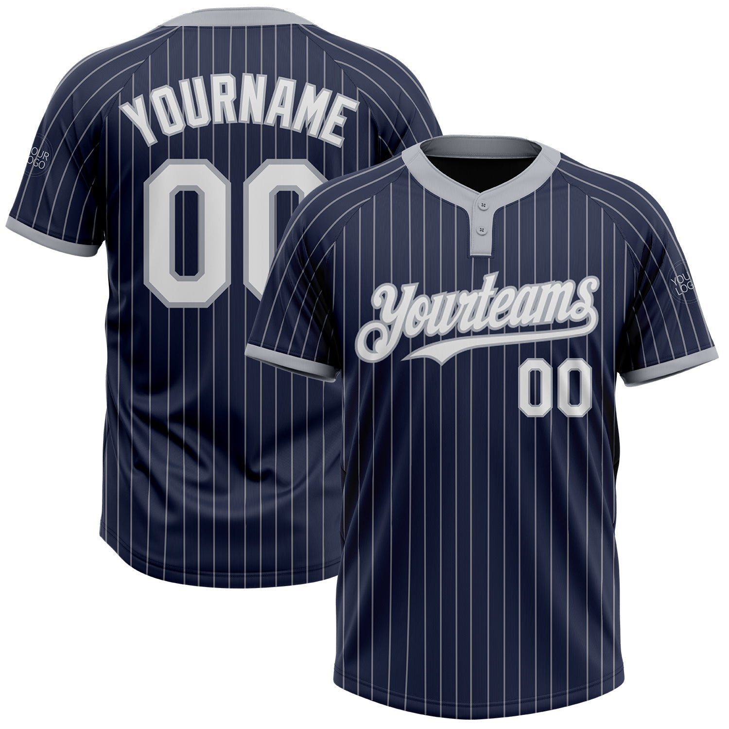 Custom Navy Gray Pinstripe White Two-Button Unisex Softball Jersey - Main View