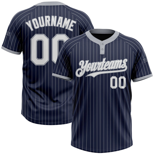 Custom Navy Gray Pinstripe White Two-Button Unisex Softball Jersey - Main View