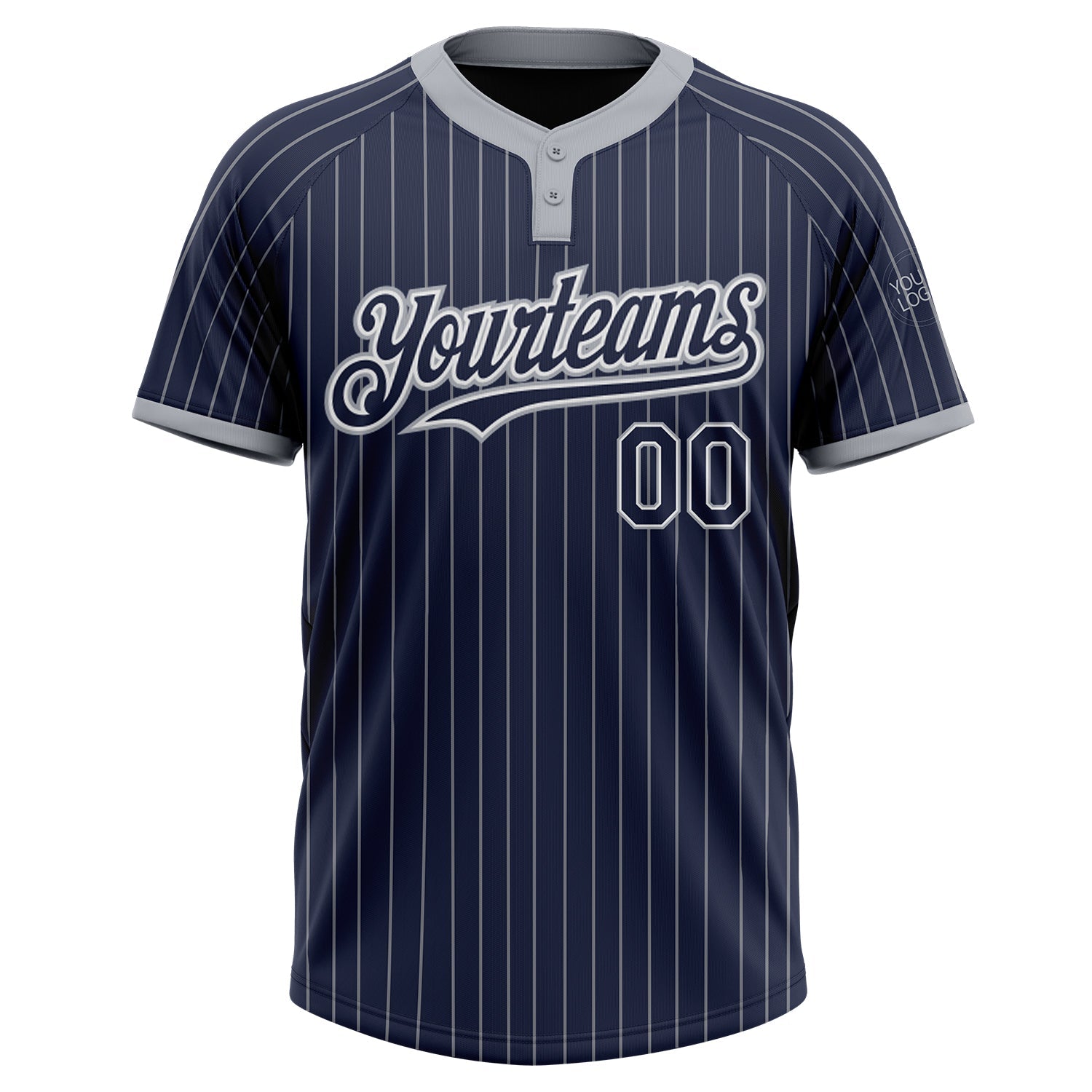 Custom Navy Gray Pinstripe White Two-Button Unisex Softball Jersey view 2