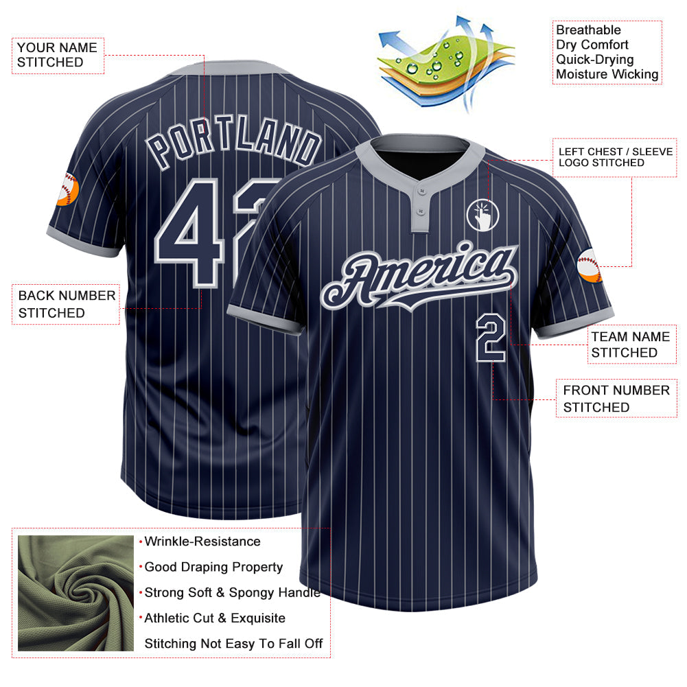 Custom Navy Gray Pinstripe White Two-Button Unisex Softball Jersey view 3