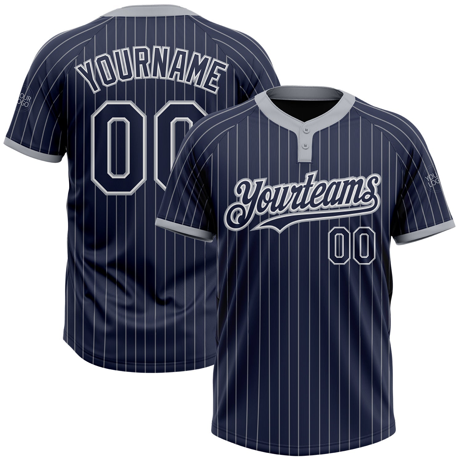 Custom Navy Gray Pinstripe White Two-Button Unisex Softball Jersey - Main View