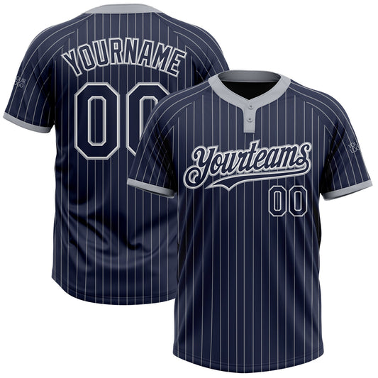 Custom Navy Gray Pinstripe White Two-Button Unisex Softball Jersey - Main View