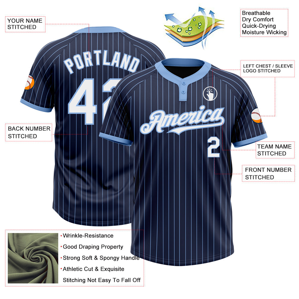 Custom Navy Light Blue Pinstripe White Two-Button Unisex Softball Jersey view 3