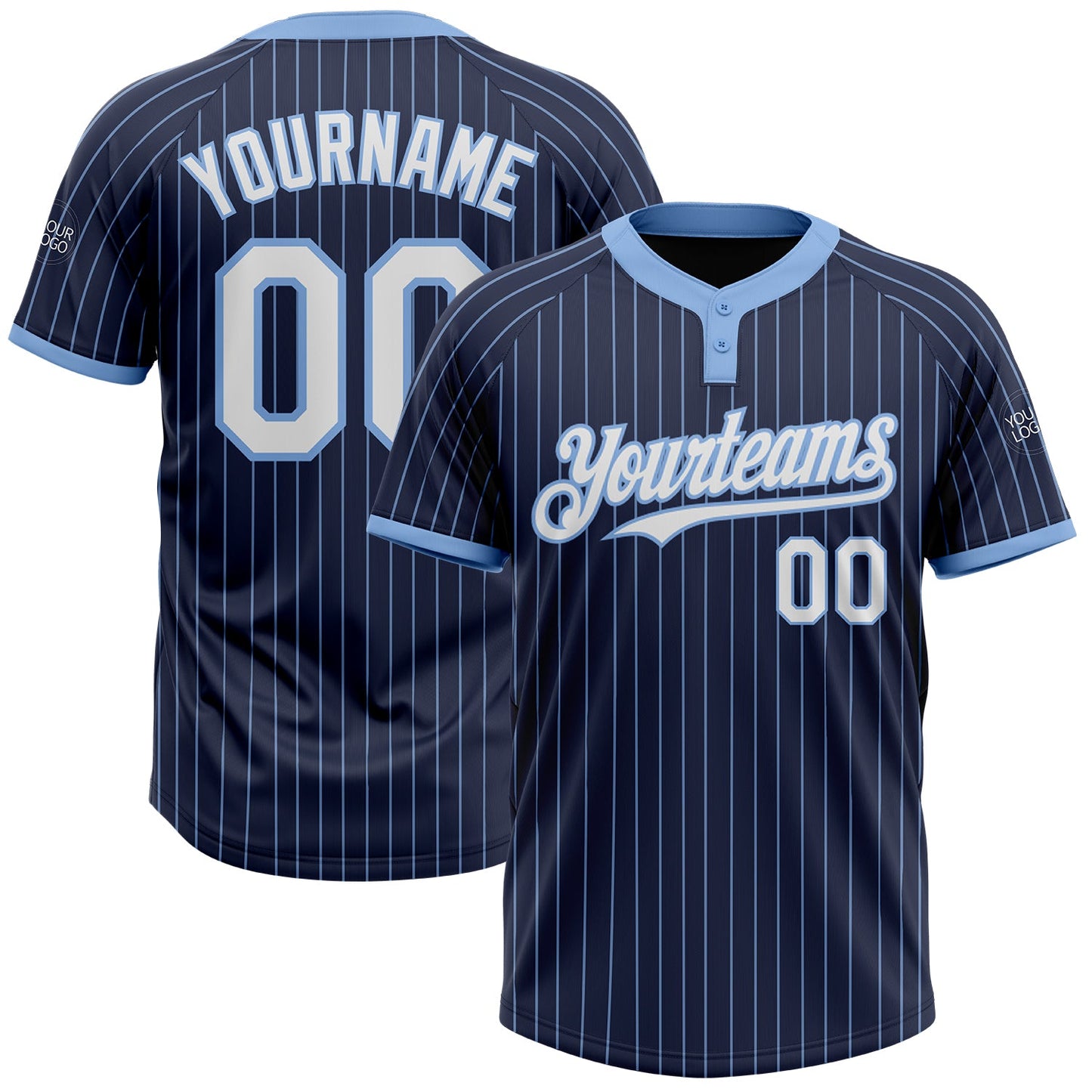 Custom Navy Light Blue Pinstripe White Two-Button Unisex Softball Jersey - Main View