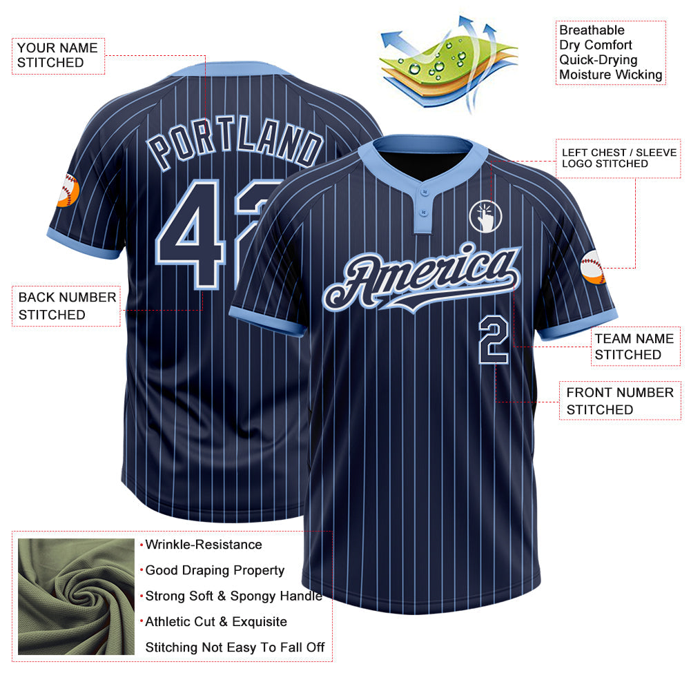 Custom Navy Light Blue Pinstripe White Two-Button Unisex Softball Jersey view 3