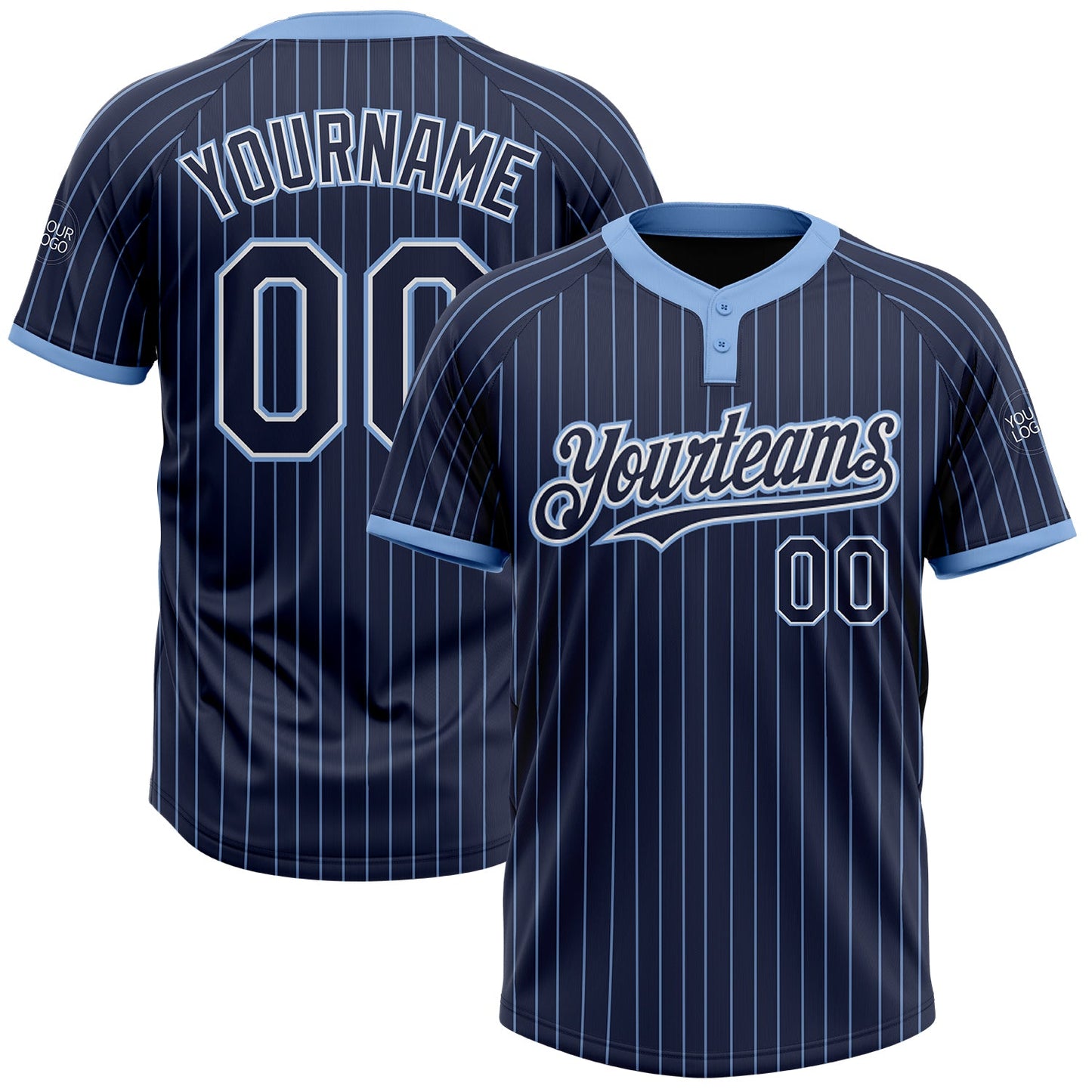 Custom Navy Light Blue Pinstripe White Two-Button Unisex Softball Jersey - Main View