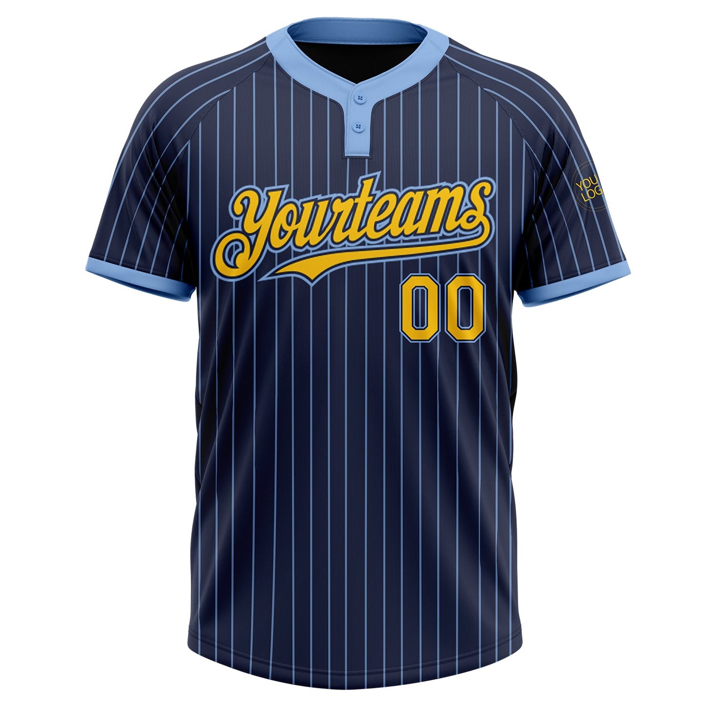 Custom Navy Light Blue Pinstripe Yellow Two-Button Unisex Softball Jersey view 2