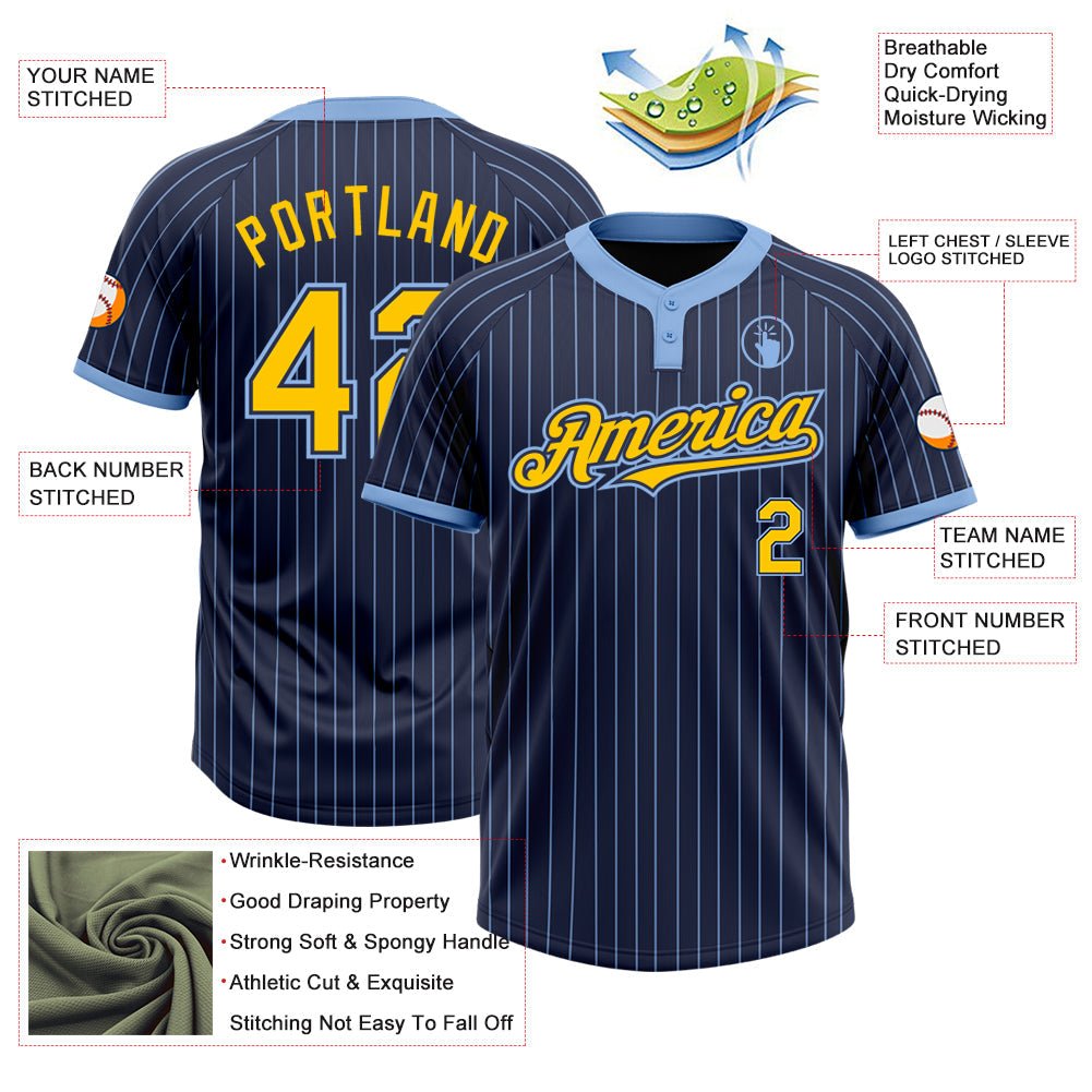 Custom Navy Light Blue Pinstripe Yellow Two-Button Unisex Softball Jersey view 3