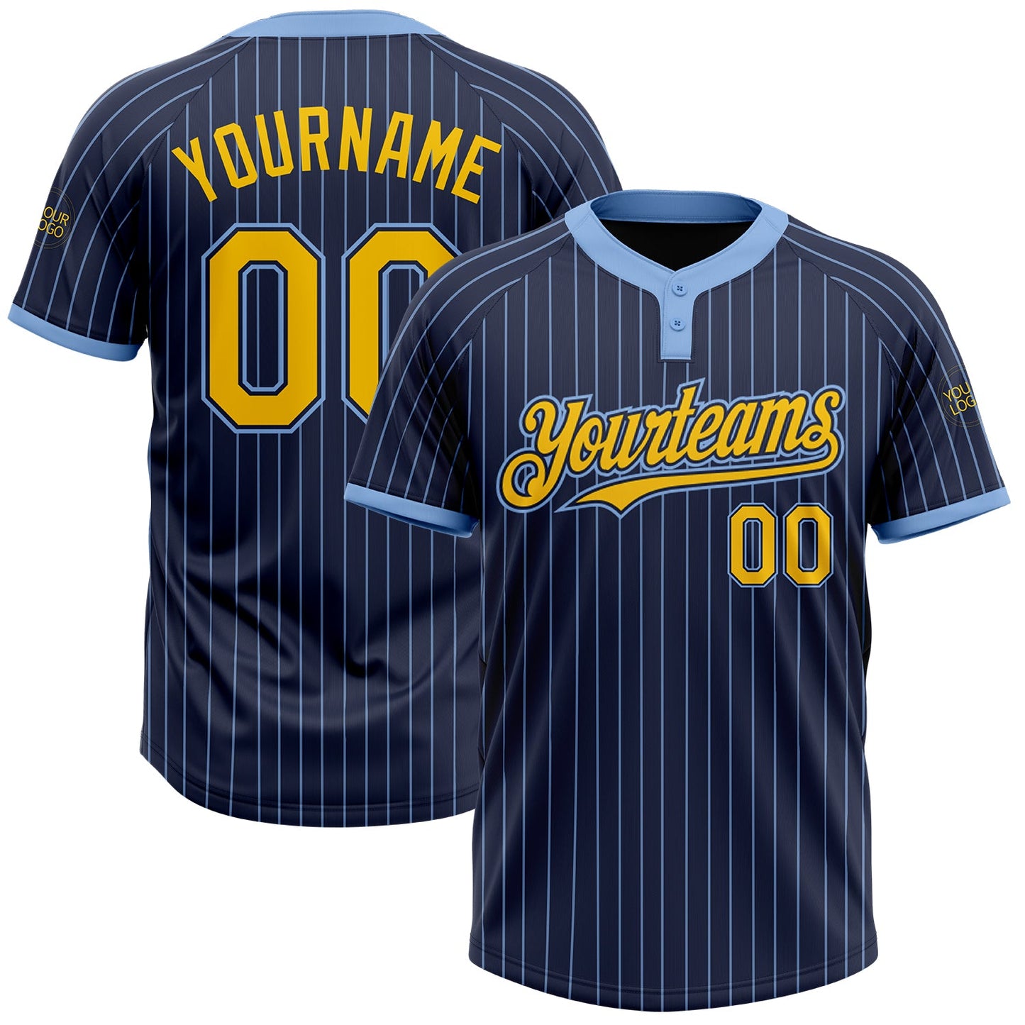 Custom Navy Light Blue Pinstripe Yellow Two-Button Unisex Softball Jersey - Main View