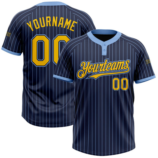 Custom Navy Light Blue Pinstripe Yellow Two-Button Unisex Softball Jersey - Main View