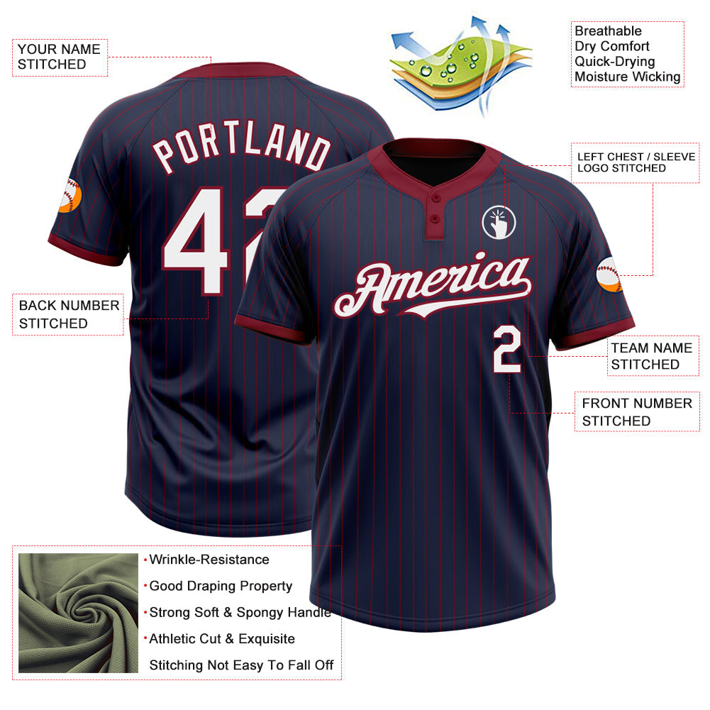 Custom Navy Crimson Pinstripe White Two-Button Unisex Softball Jersey view 4