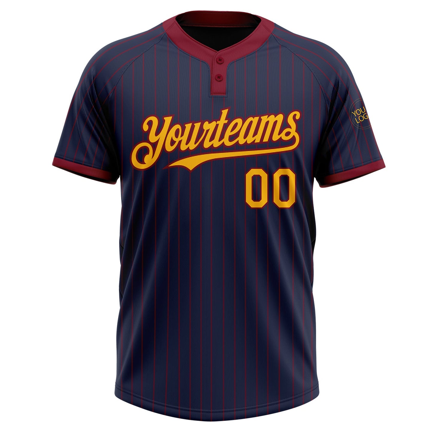 Custom Navy Crimson Pinstripe Gold Two-Button Unisex Softball Jersey view 2
