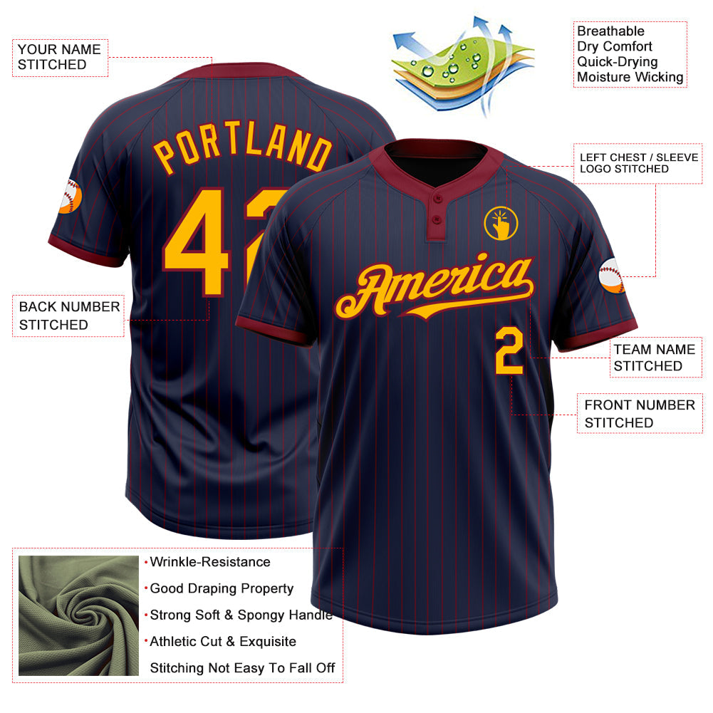Custom Navy Crimson Pinstripe Gold Two-Button Unisex Softball Jersey view 3