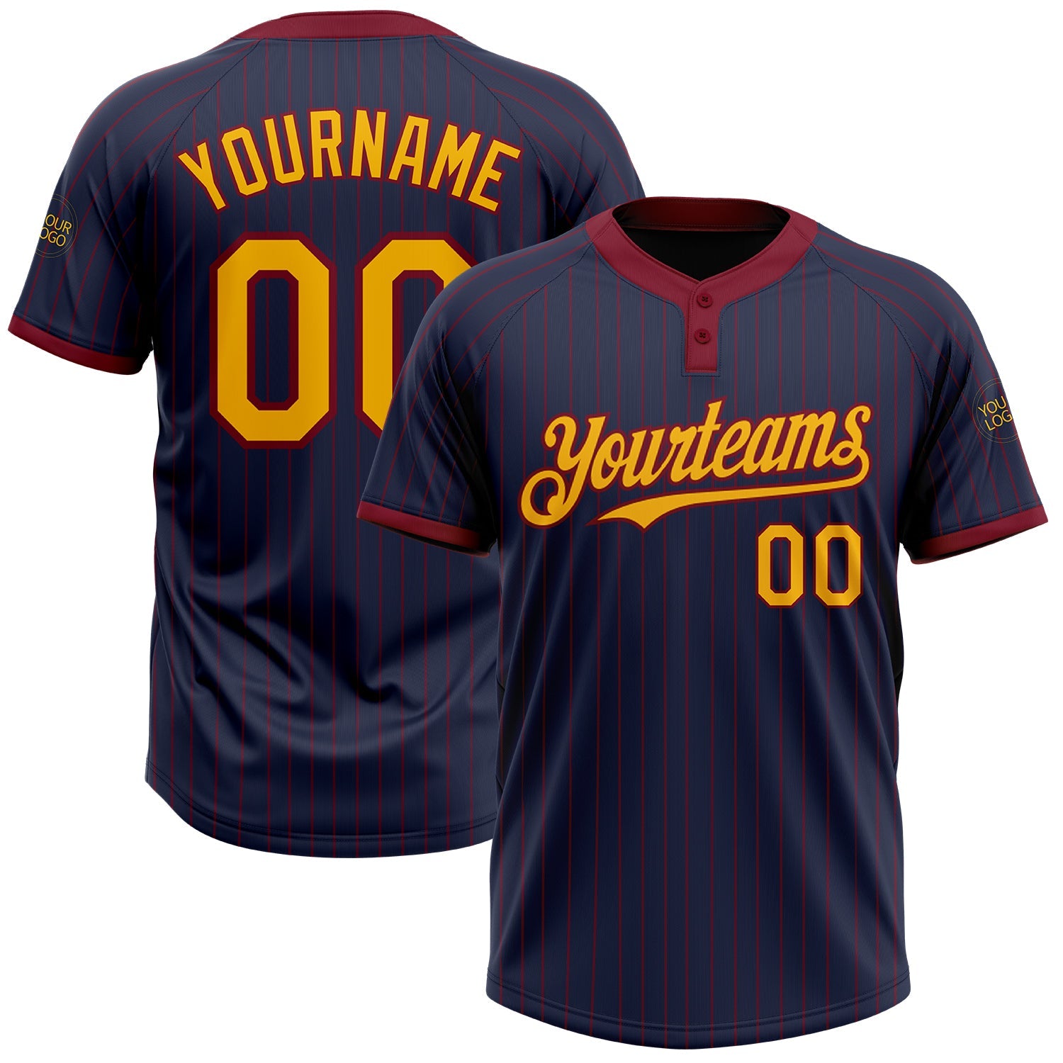 Custom Navy Crimson Pinstripe Gold Two-Button Unisex Softball Jersey - Main View