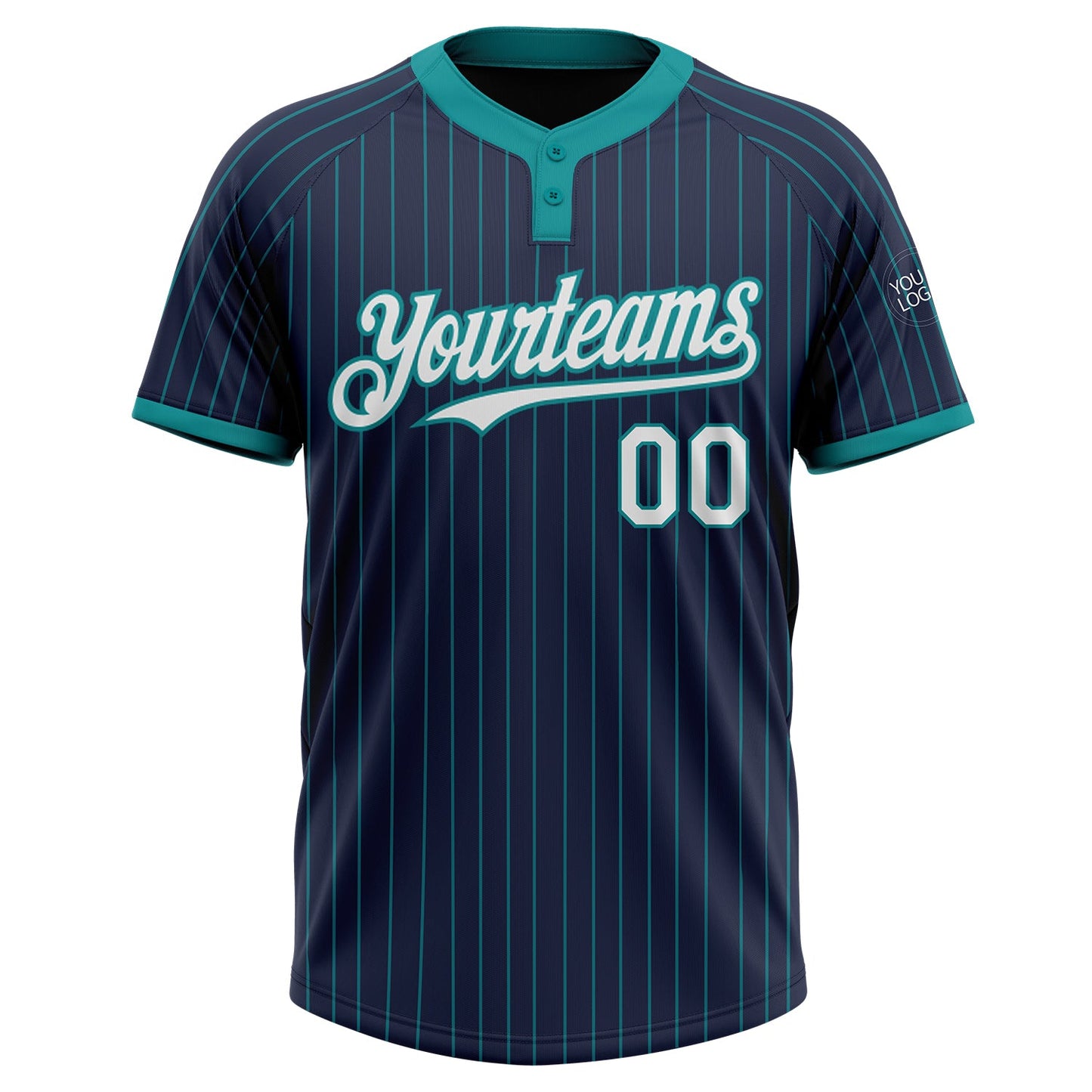 Custom Navy Teal Pinstripe White Two-Button Unisex Softball Jersey view 2