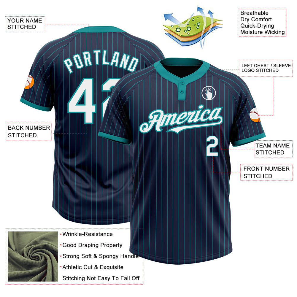 Custom Navy Teal Pinstripe White Two-Button Unisex Softball Jersey view 3