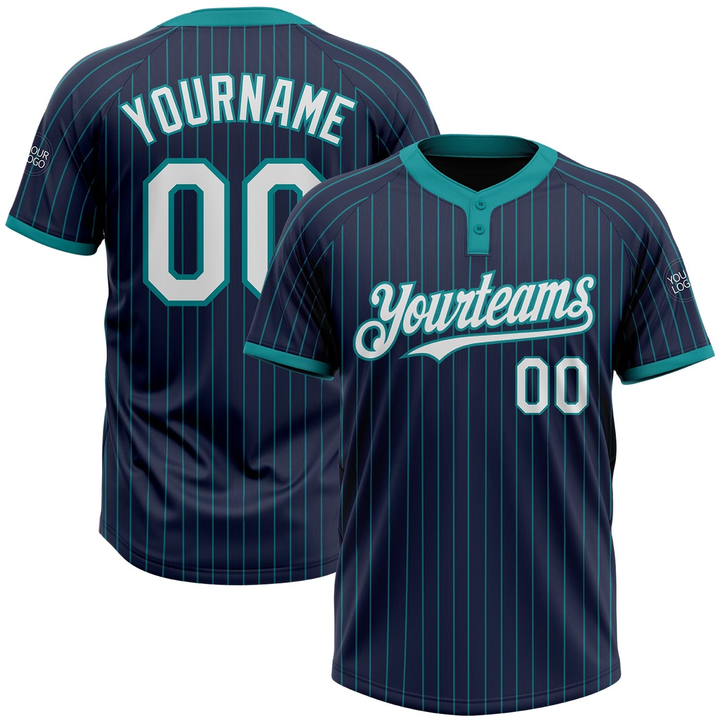 Custom Navy Teal Pinstripe White Two-Button Unisex Softball Jersey - Main View