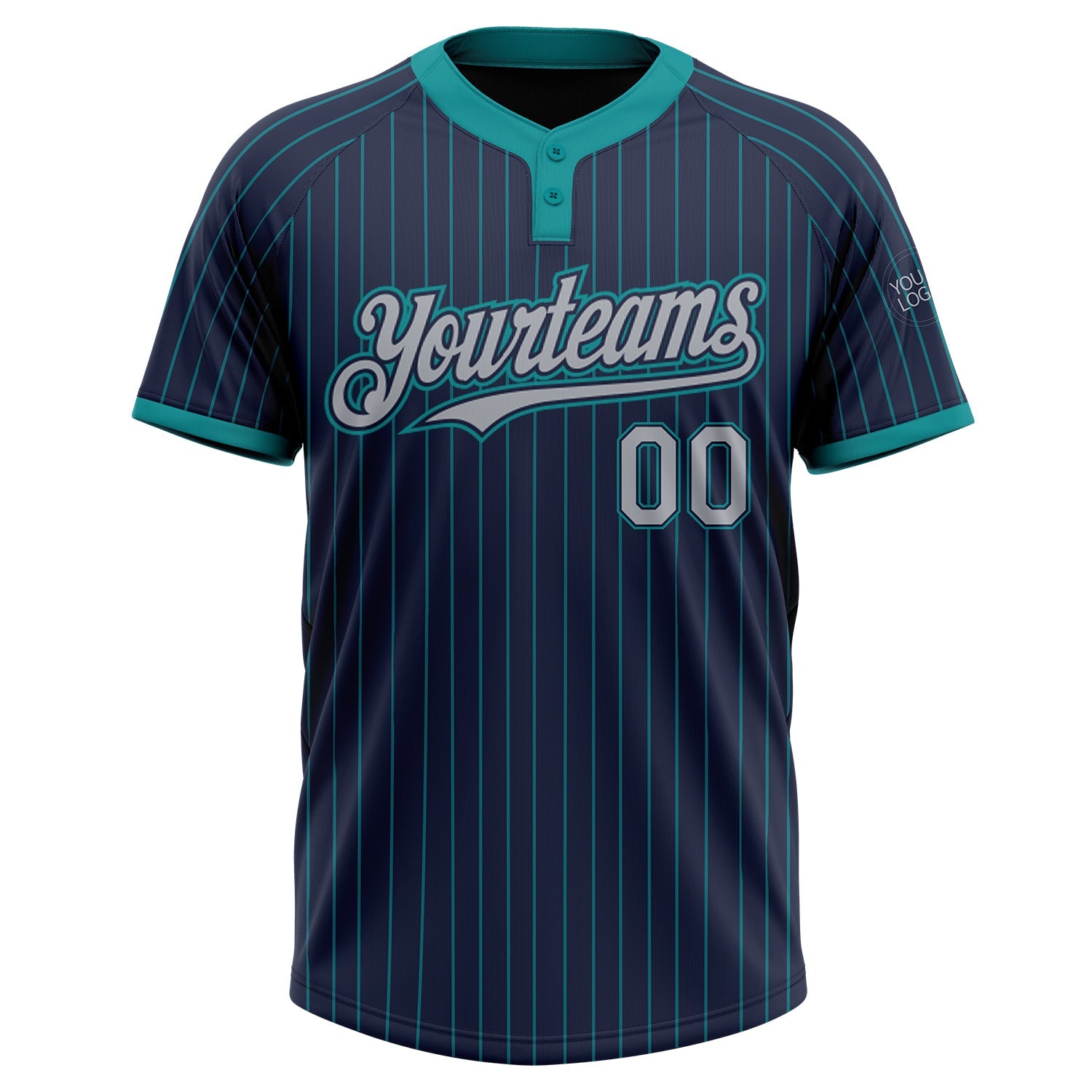 Custom Navy Teal Pinstripe Gray Two-Button Unisex Softball Jersey view 2