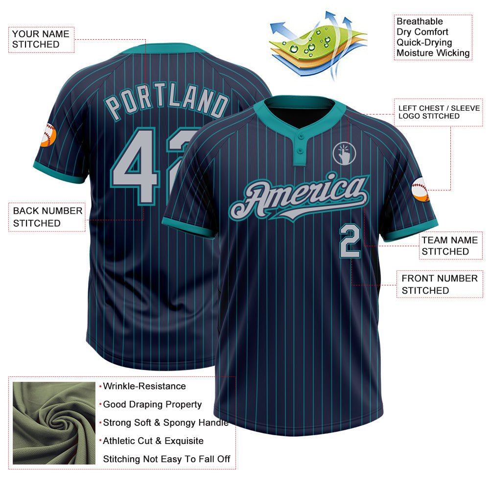 Custom Navy Teal Pinstripe Gray Two-Button Unisex Softball Jersey view 3
