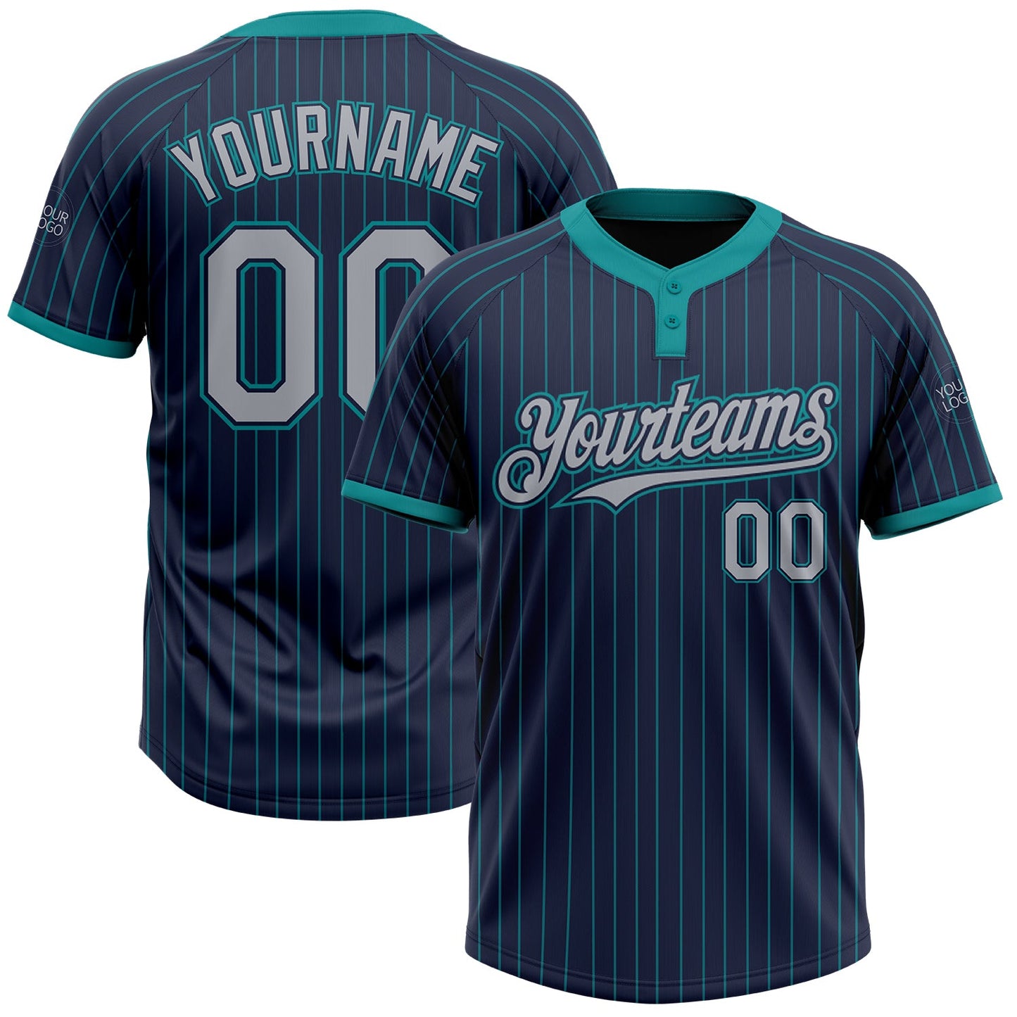 Custom Navy Teal Pinstripe Gray Two-Button Unisex Softball Jersey - Main View