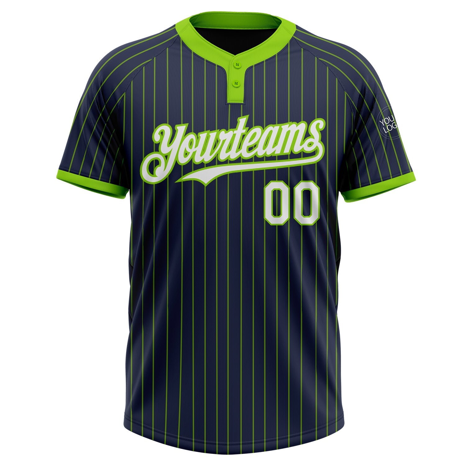 Custom Navy Neon Green Pinstripe White Two-Button Unisex Softball Jersey view 2