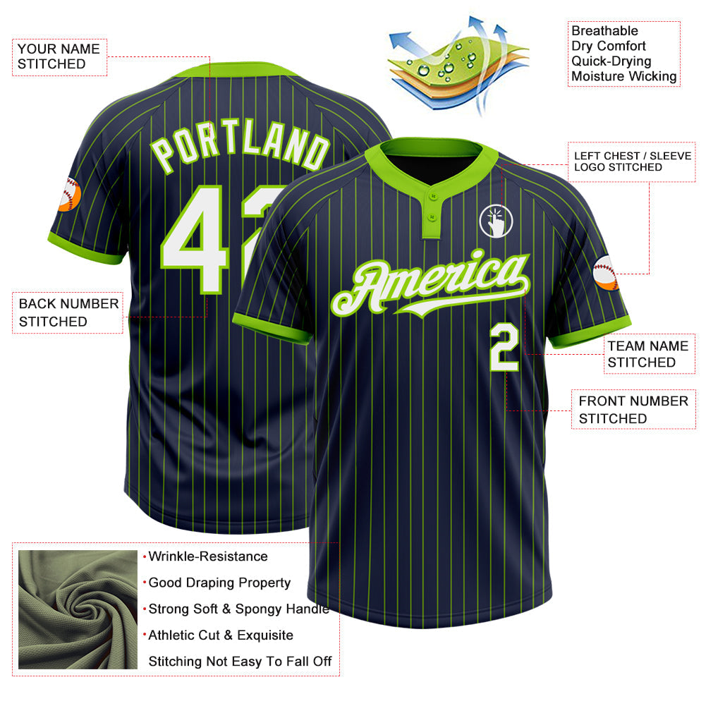 Custom Navy Neon Green Pinstripe White Two-Button Unisex Softball Jersey view 3