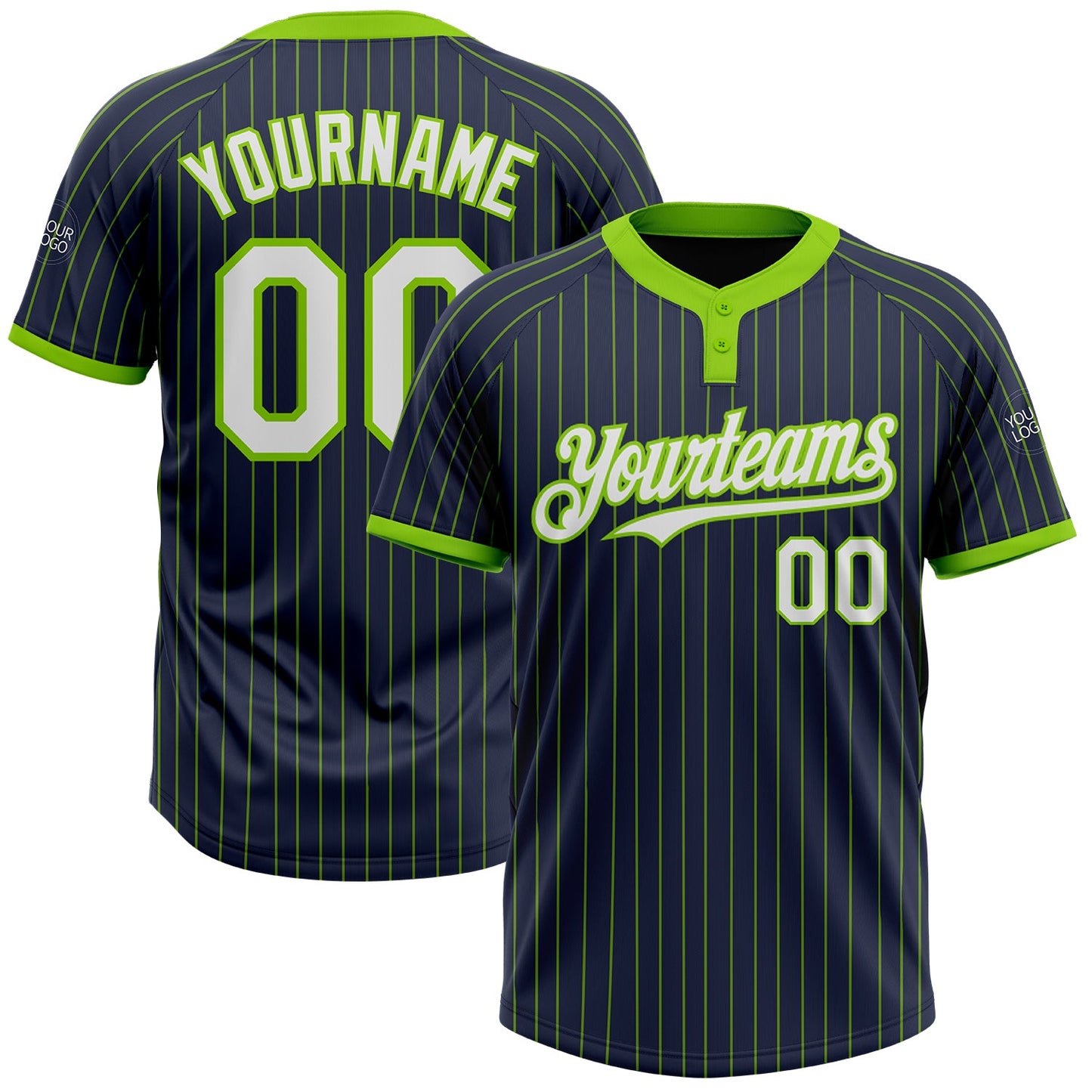 Custom Navy Neon Green Pinstripe White Two-Button Unisex Softball Jersey - Main View