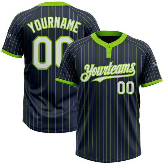 Custom Navy Neon Green Pinstripe White Two-Button Unisex Softball Jersey - Main View
